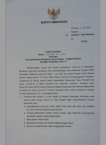 Pemerintah Minahasa Keluarkan Surat Edaran Pelaksanaan Ibadah